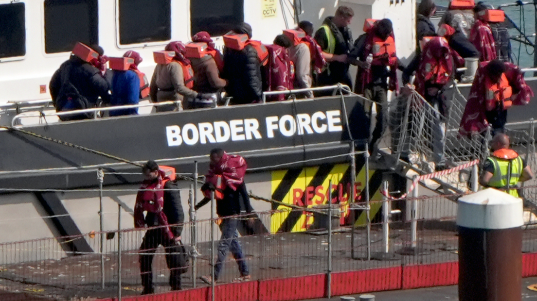 A group of people thought to be migrants are brought in to the Border Force compound in Dover, Kent, from a Border Force vessel following a small boat incident in the Channel