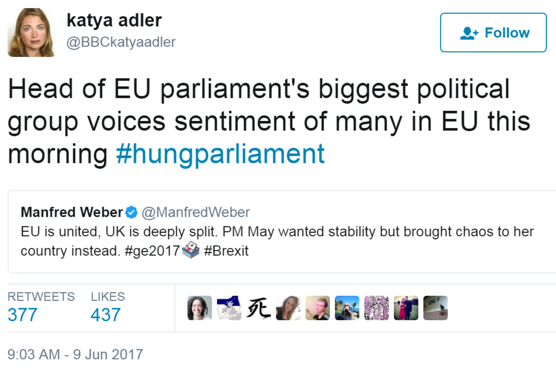 Tweet from @BBCKatyaAdler: Head of EU parliament's biggest political group voices sentiment of many in EU this morning #hungparliament // Quoted tweet: "EU is united, UK is deeply split. PM May wanted stability but brought chaos to her country instead. #ge2017 #Brexit"