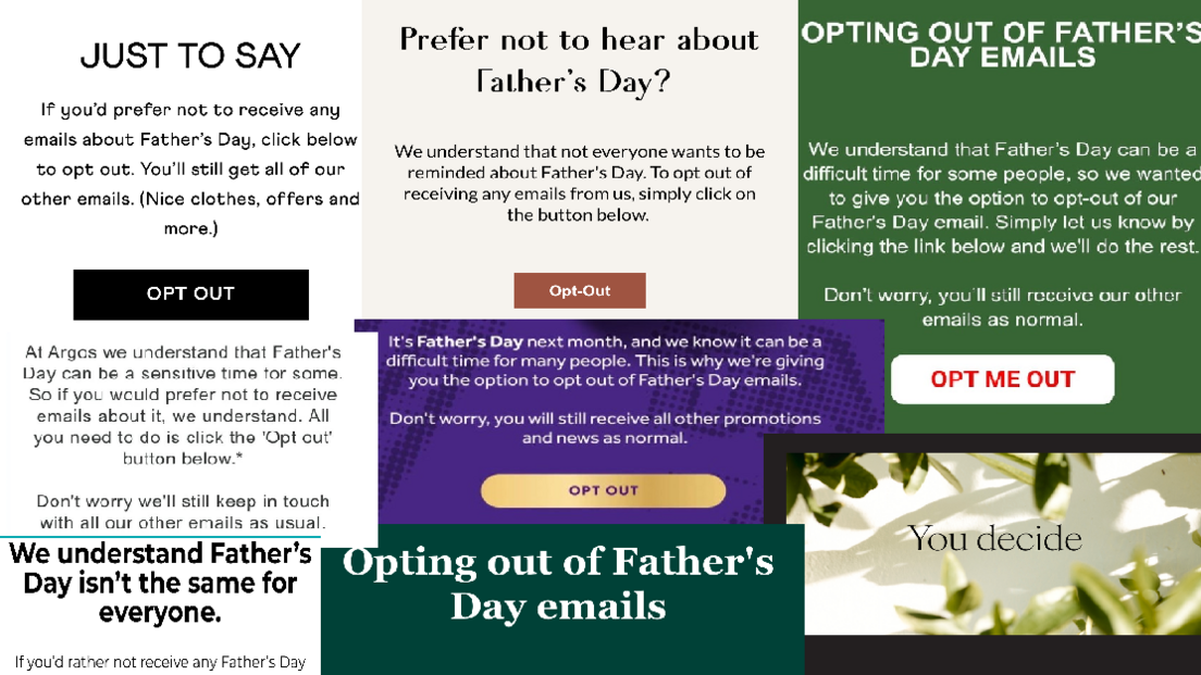 A compilation of emails various companies offering recipients the option to opt out of receiving marketing or promotional content related to Father’s Day. Each message provides a link or button to update communication preferences.