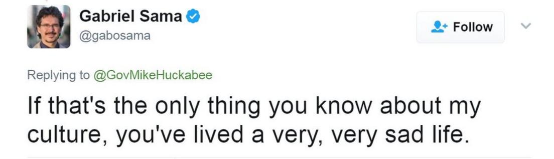 Tweet reads: If that's the only thing you know about my culture, you've lived a very, very sad life.