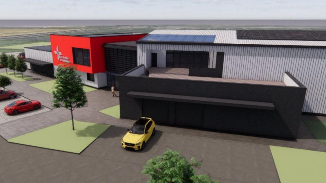 Artist's impression of the new East Anglian Air Ambulance airbase. It is a series of warehouse looking buildings. In front is parking and some cars, with a some grass and four trees. Beyond it it flat arable countryside.