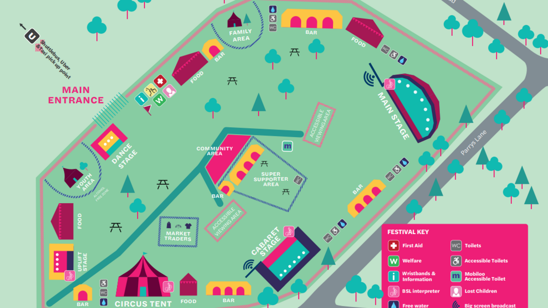 A map of the festival site showing the location of the different stages and other areas such as the market traders, bars and facilities. 