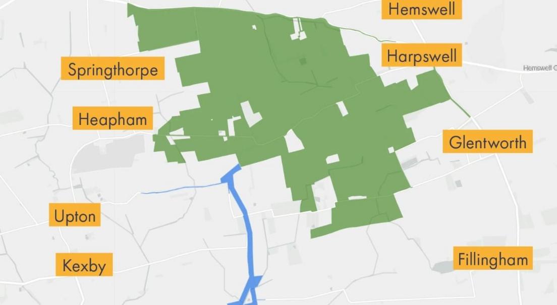 A map showing the proposed area of the solar farm. The plan shows a green shaded area between the villages of Springthorpe, Heapham, Upton, Kexby, Hemswell, Harpswell, Glentworth and Fillingham. 