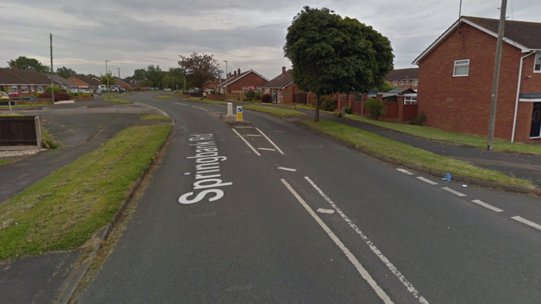 A Google street view of a residential road - there is a grass verge on the left and a row of red brick houses on the right.