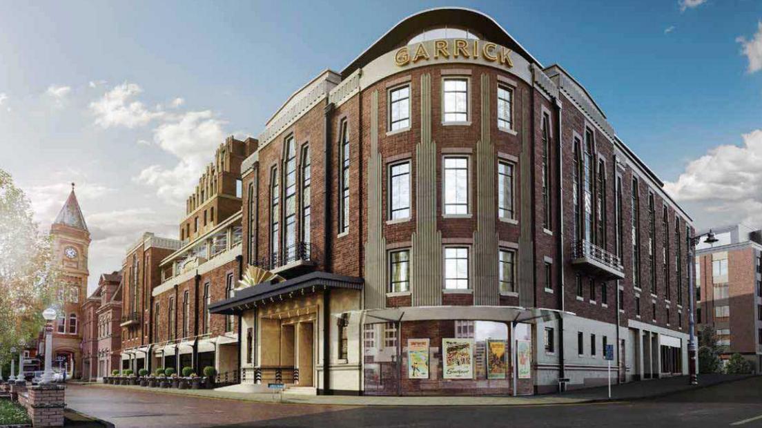 An artist impression of the Garrick. It is a brown art deco building on the corner of a street. It has lots of long windows on its front.