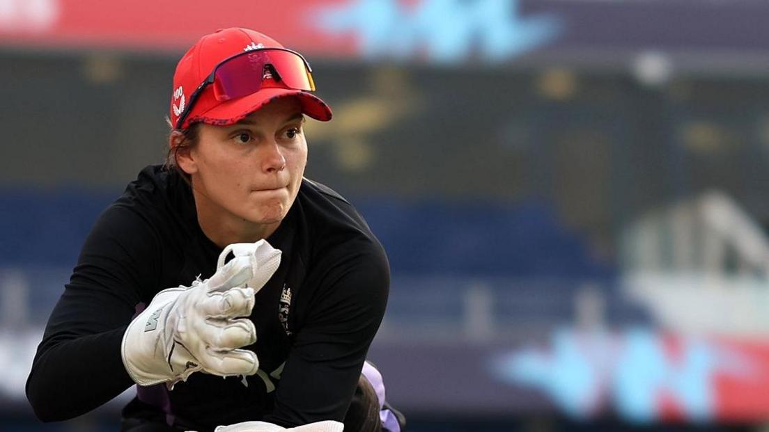 England's Amy Jones in practice 