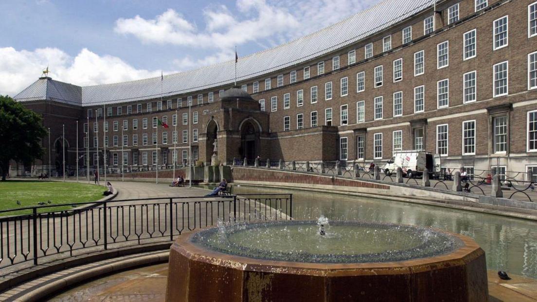 An external shot of Bristol City Hall taken from near the fountain