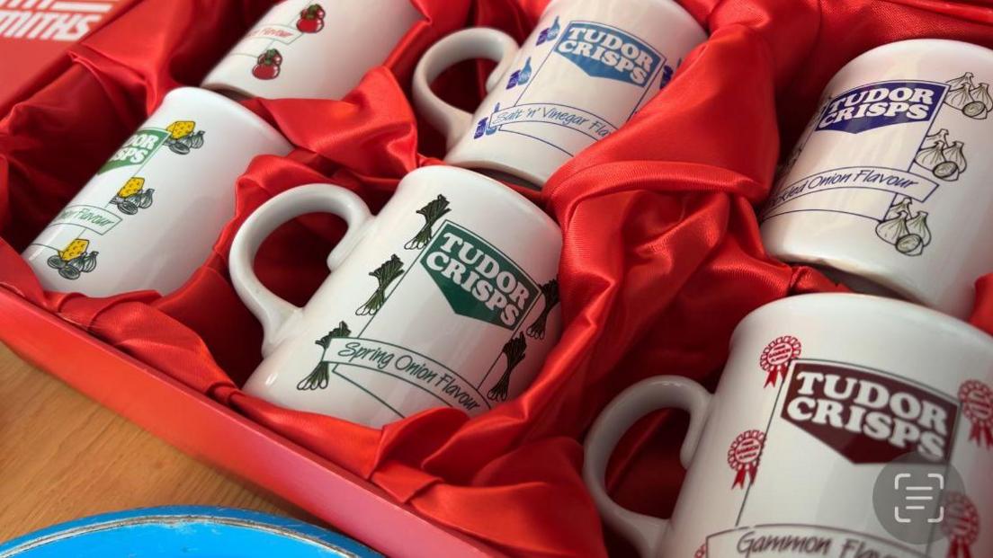 Six mugs with various Tudor Crisps flavours embossed on the front, from "spring onion", in a green font, to "salt and vinegar", in a blue font. All are displayed in a red silk-lined box.