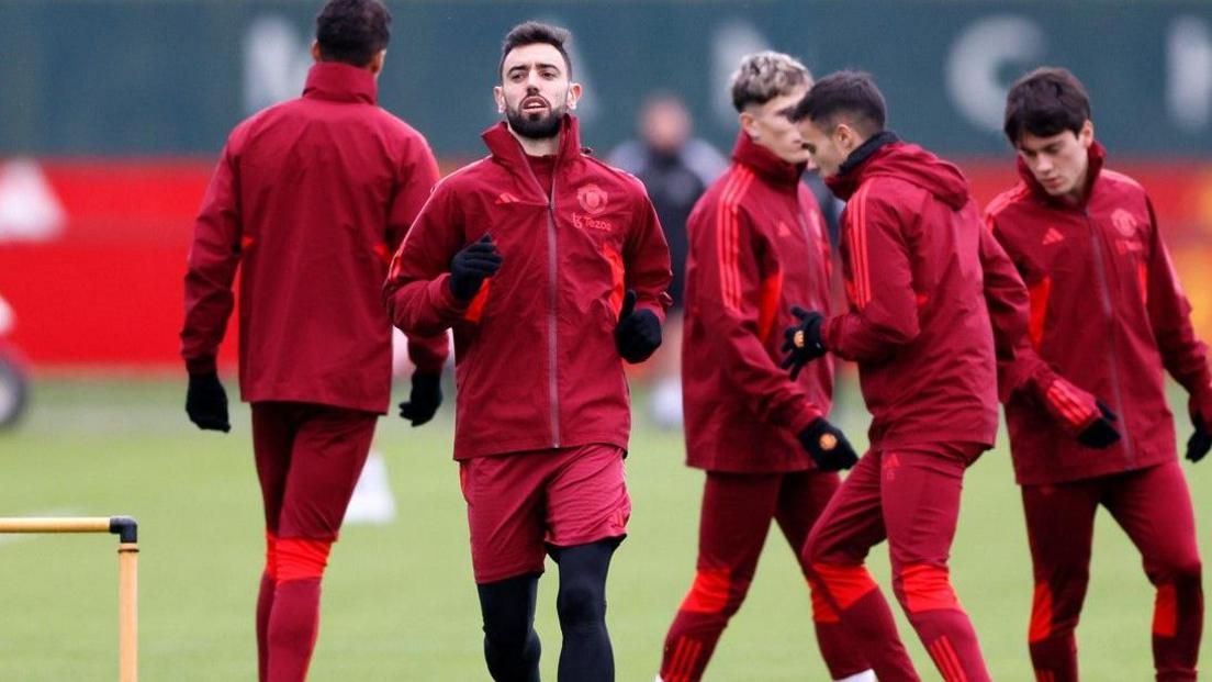 Bruno Fernandes and team-mates train at Carrington