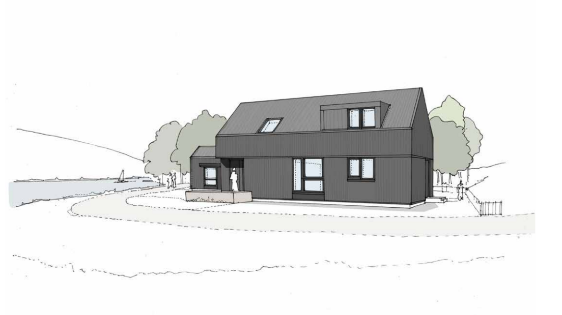 An architects' illustration of the proposed three-bedroom house. It is a two-storey building with a pitched roof. There are three windows along the front wall and skylight-type window and two other windows upstairs. The illustration includes a number of green trees.