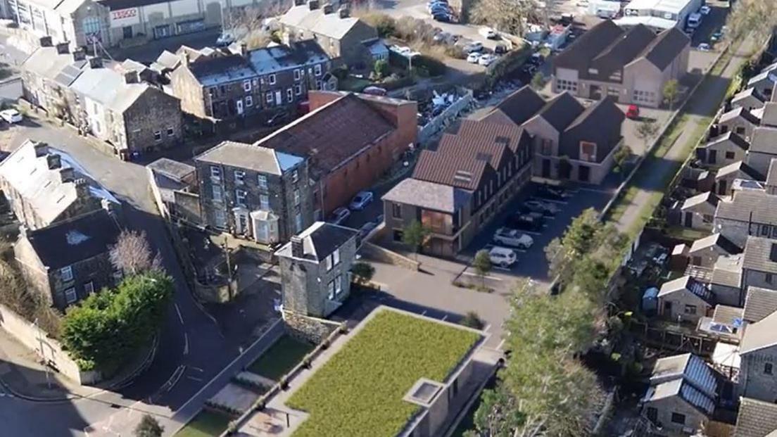 An aerial design image showing a mix of new and old buildings in Penistone