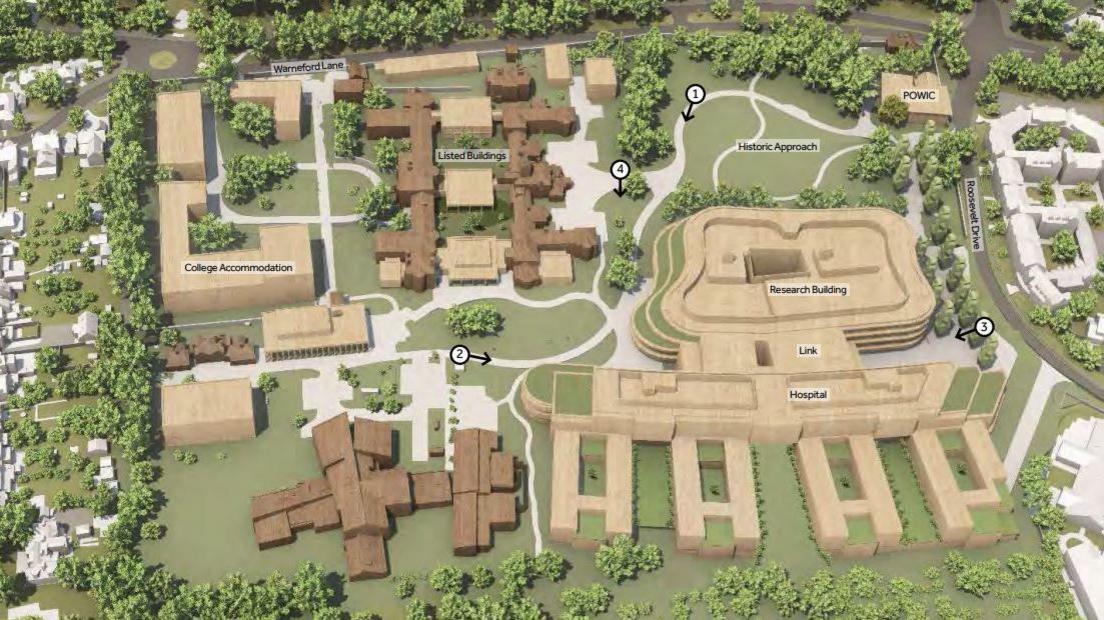 A birds eye view of 3D modelled plans of a hospital site, including a large building labelled as a research building and another labelled as college accommodation.