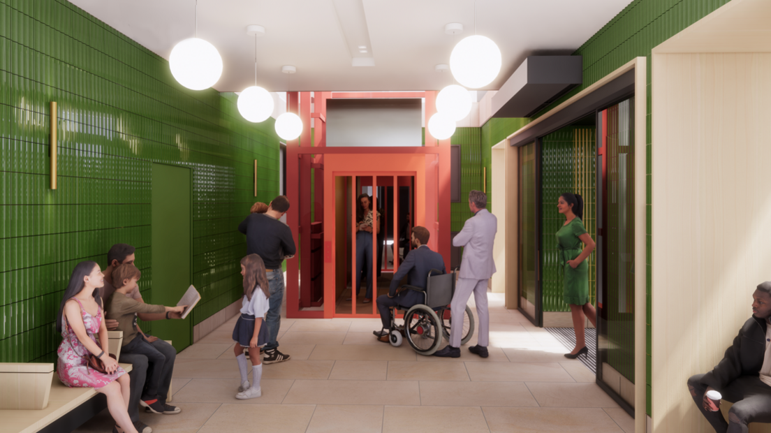 Artist's impression of a corridor with lift access in Leeds Town Hall