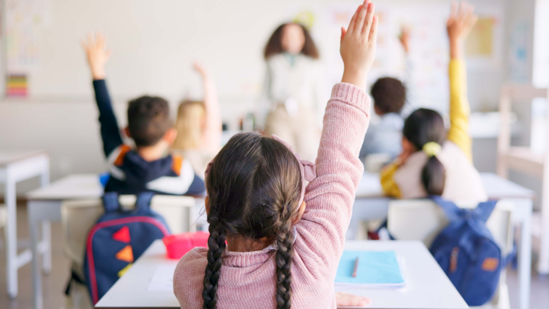 A girl with plaits and a pink jumper with her hand in the air in a classroom with white desks and less-distinct other children sat in front of her