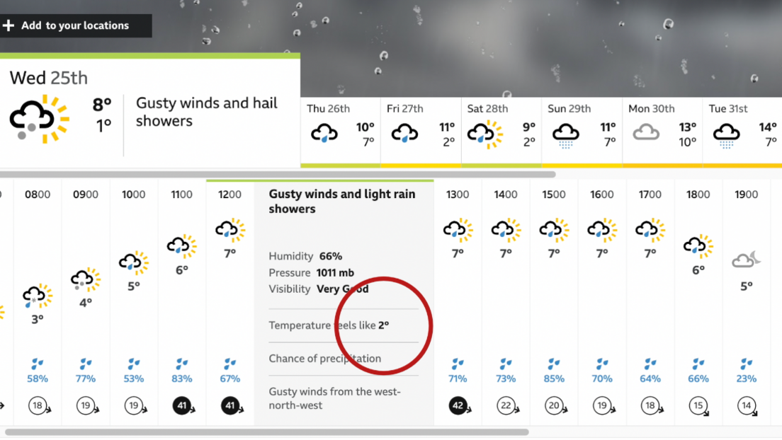 A screenshot of the BBC Weather website showing the forecast in Belfast for the next seven days. One day is highlighted showing the hourly forecast with more details expanded showing humidity, pressure, visibility and temperature feels like. In the example, the air temperature at 12pm is 7C with a feels like temperature of 2C