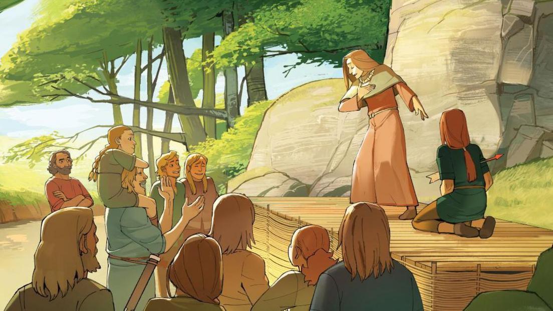 An illustration of a bard on a simple wooden stage in a woodland. A small crowd looks on.