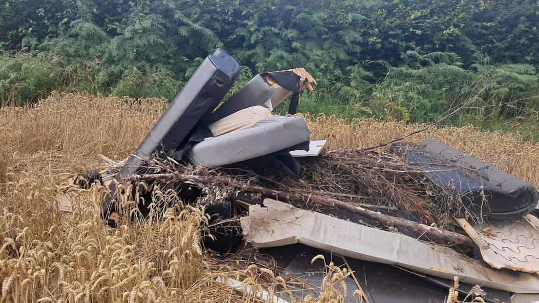 A pile of rubbish including a sofa and pieces of wood on the ground in a field. There are trees in the background. 