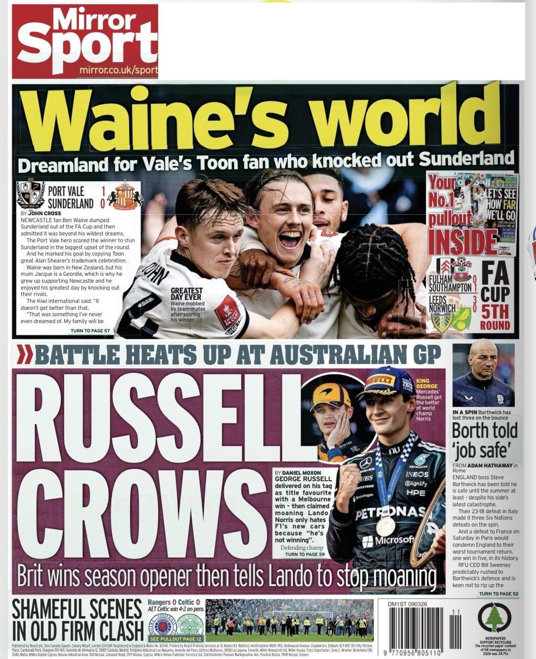Daily Mirror back page - Monday 9 March 2026