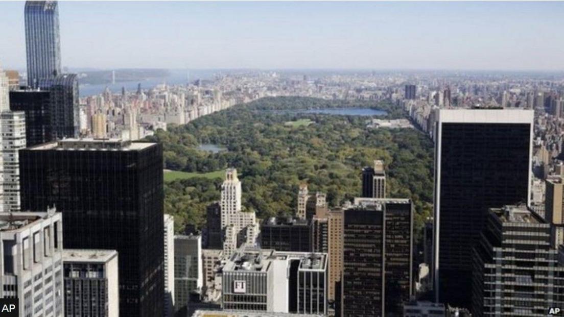 An aerial view of Central Park, with skyscrapers in the foreground and background.