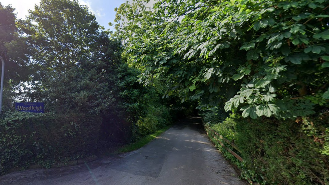 Google Maps screenshot of entrance to Woodleigh Rest Home. It is a road surrounded by trees and bushes. There is a sign that says Woodleigh to the left of the image.