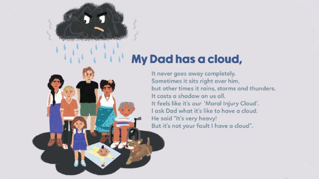A page taken from the book Dad's Moral Injury Cloud. It shows a very faint lilac-grey background, and cartoon figures gathered underneath a dark cloud which is raining over them.