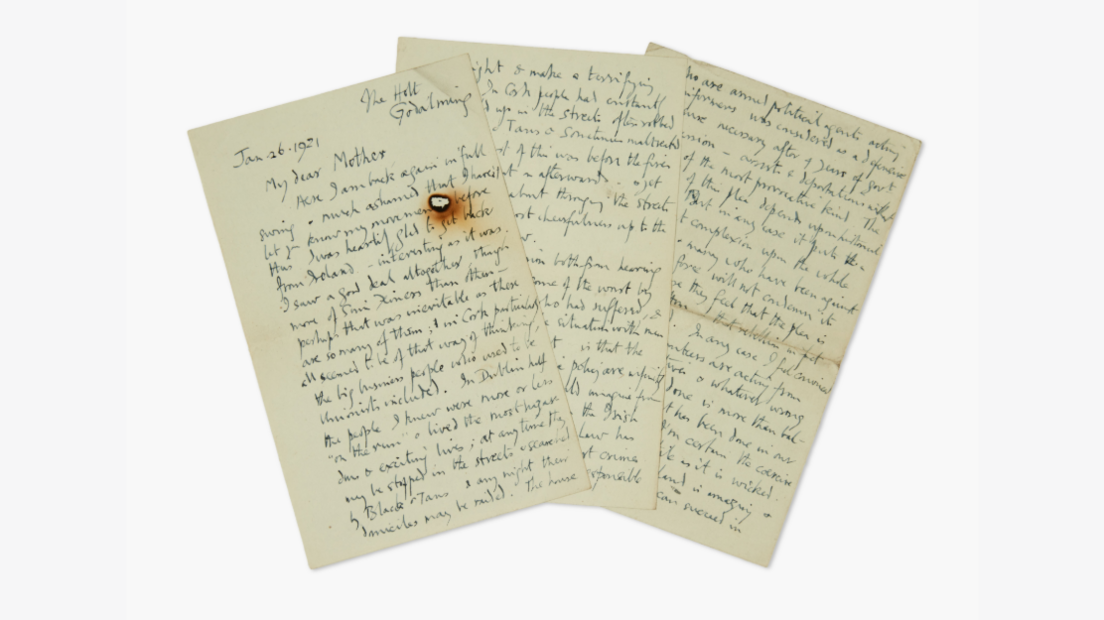 Photograph of letters sent by the mountaineer George Mallory to his mother. The image shows his handwriting on three sheets of paper.