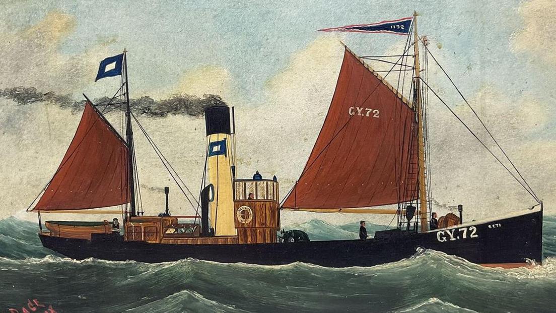 The painting of the Seti shows a black trawler with GY72 written on the side in white and two red sails. Fishermen are on deck looking out to sea