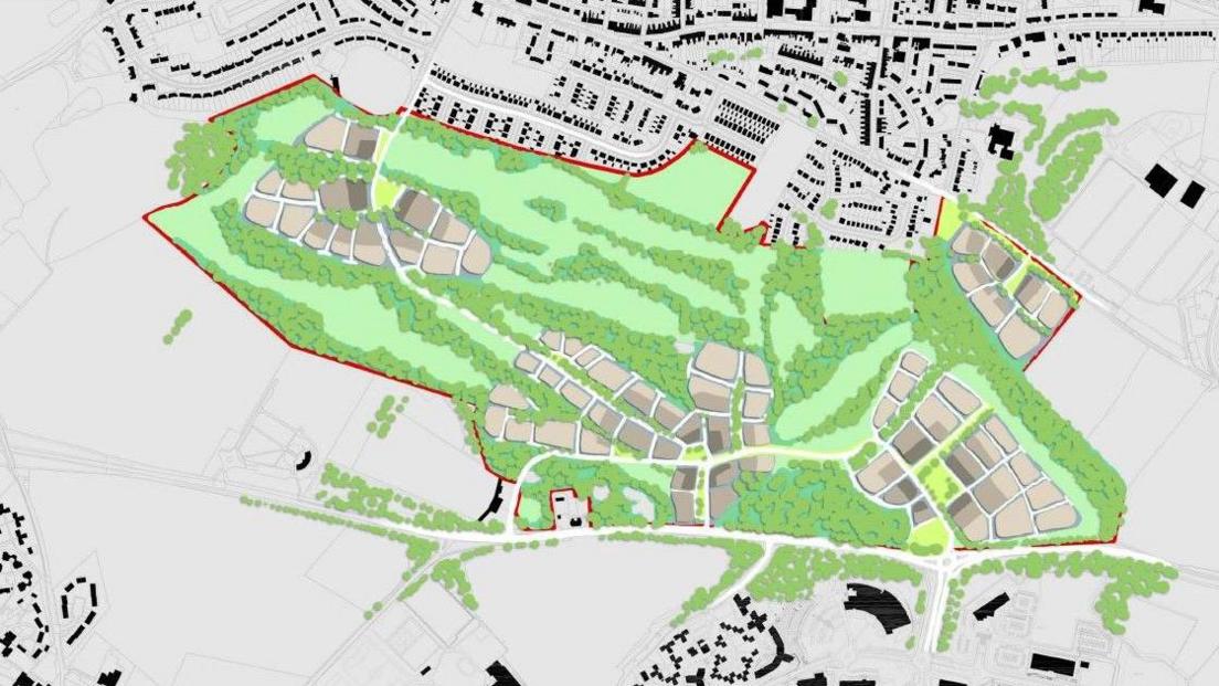 An aerial diagram showing the layout of a new countryside park with a red line indicating the border of the site. 