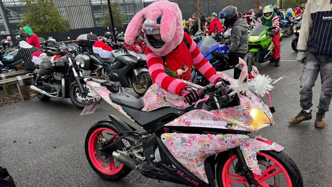 A pink race-style motorbike with a rider dressed as a pink floppy-eared rabbit