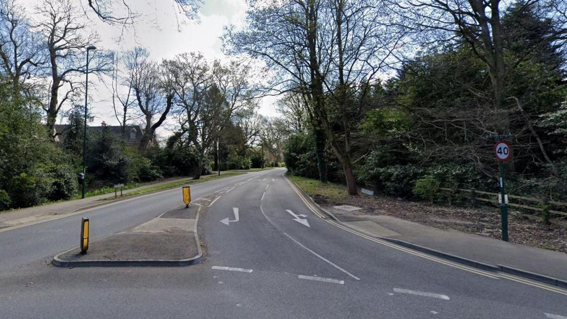 A road lines with trees and a 40mph sign