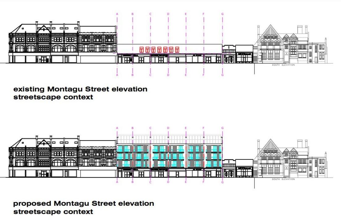 A drawing showing how the street looks now compared to how it could look if plans are approved