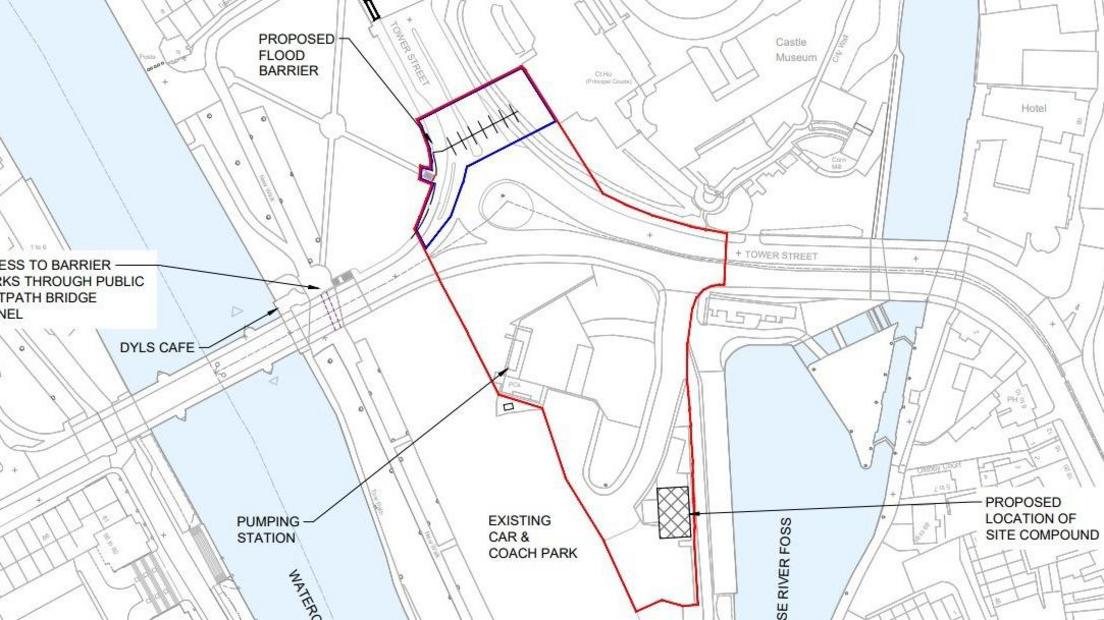 Map with plan of the area between the river Ouse and river Foss in York showing where the removable barrier would be placed