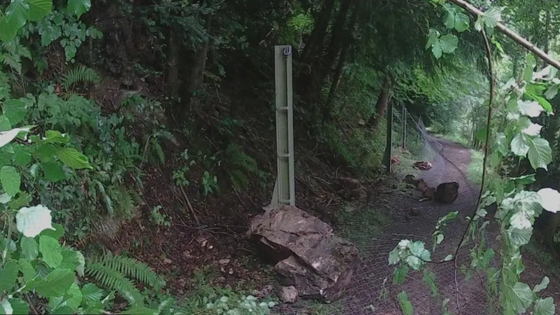 The broken fence as shown in a photo from 2023. Large rocks have punched the netting away from the upright fence posts. The fence borders a footpath.