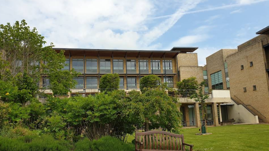 A large local authority building, with a large garden and shrubs.