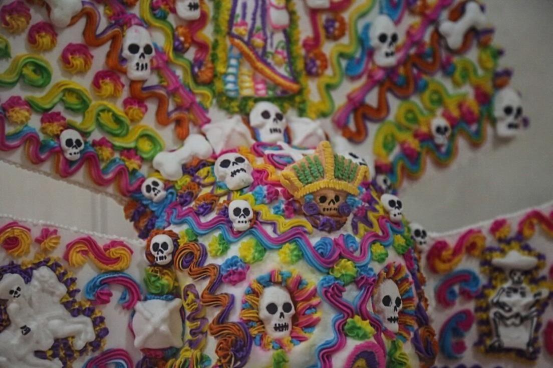 Close-up of a sugar skull exhibited at the Alfenique Fair in Toluca