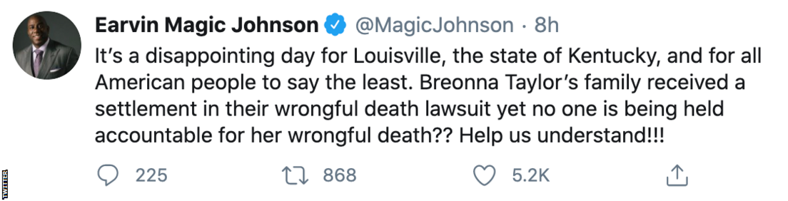 Magic Johnson tweet: "It's a disappointing day for Louisville, the state of Kentucky, and for all American people to say the least. Breonna Taylor's family received a settlement in their wrongful death lawsuit yet no one is being held accountable for her wrongful death?? Help us understand!!!"