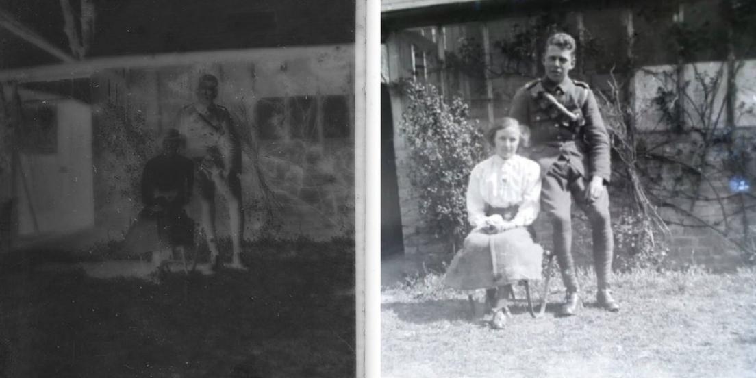 Siblings, or possibly a young couple, pose in a garden