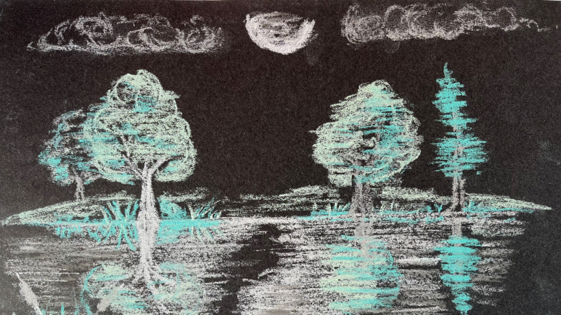 A chalk drawing of some trees reflected in water at night