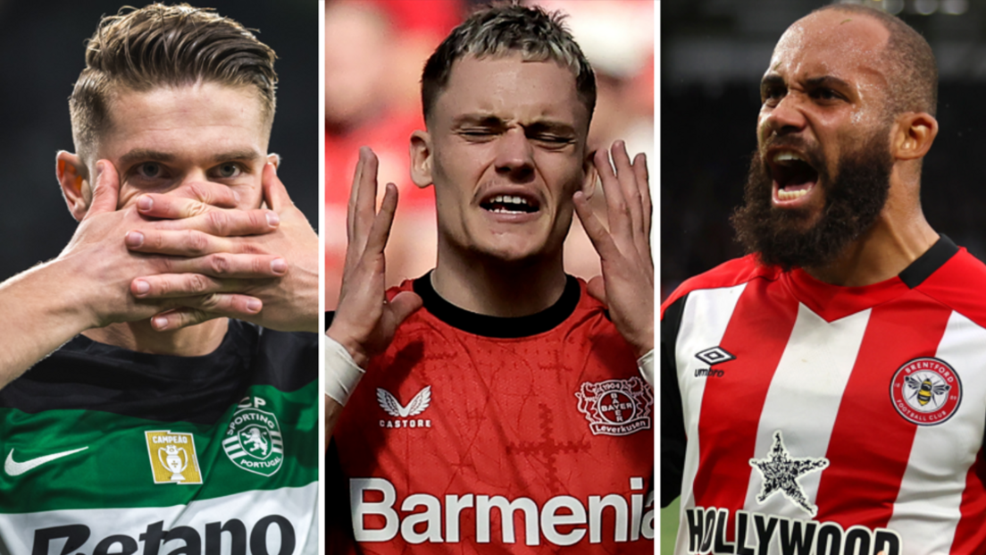 A divided  representation  showing Sporting's Viktor Gyokeres, Bayer Leverkusen's Florian Wirtz and Brentford's Bryan Mbeumo who are each  being linked with moves to different   clubs during the 2025 summertime  transportation  model   
