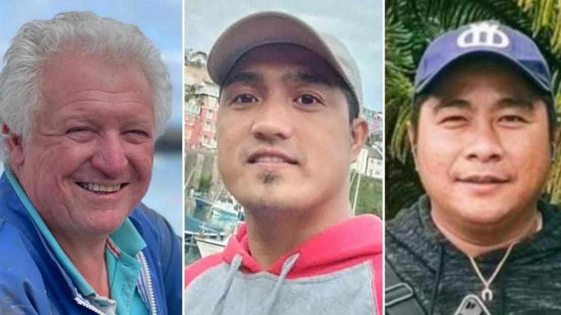 Family handout photos of L'Ecume II's skipper Michael Michieli and crew members Larry Simyunn and Jervis Baligat. All three are smiling at the camera. The three images have been combined to make one photo with white lines separating the trio.