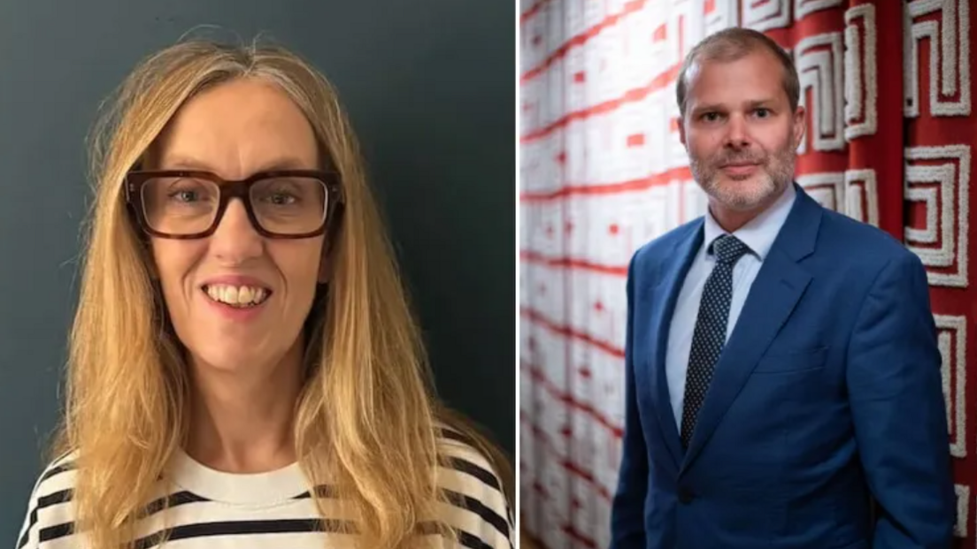 On the left, Melanie Grey wears glasses and a black and white striped Breton fisherman's jersey, on the right Mark Ellul wears a blue suit and tie with a white shirt.