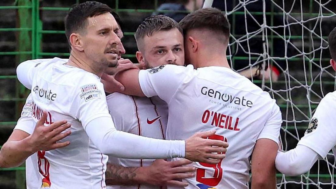 Andy Ryan celebrates scoring Larne's opener against Glentoran