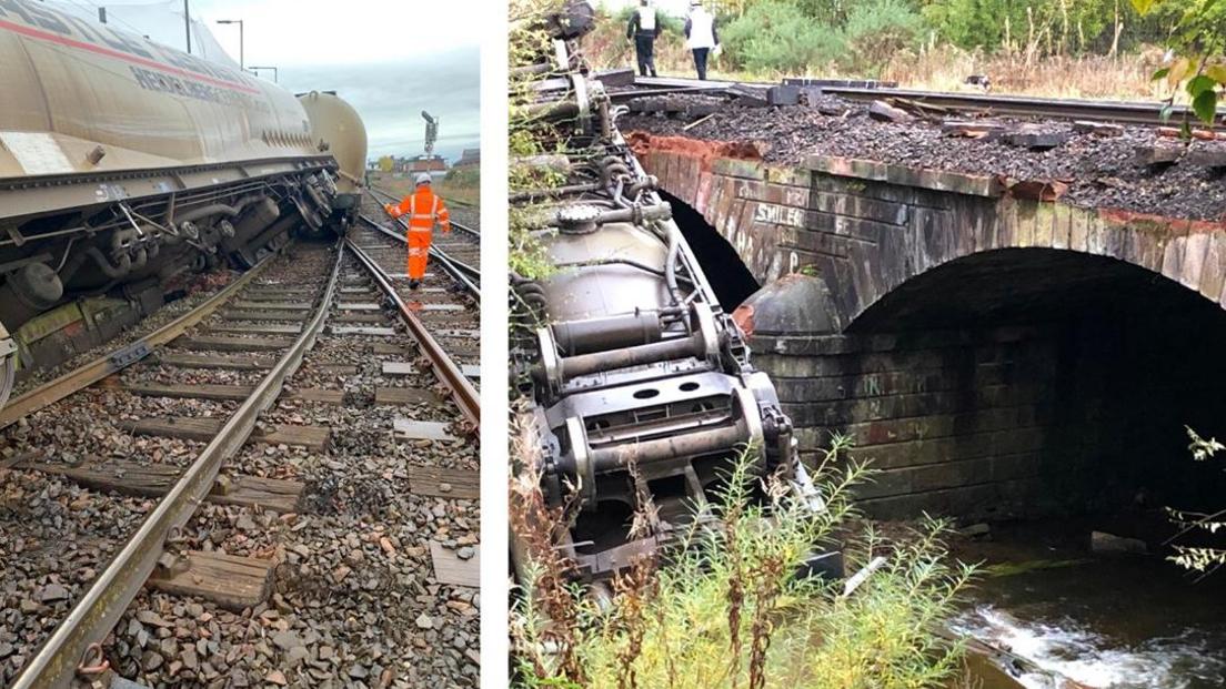 Wagon off tracks and another picture of wagon upside down hanging below bridge