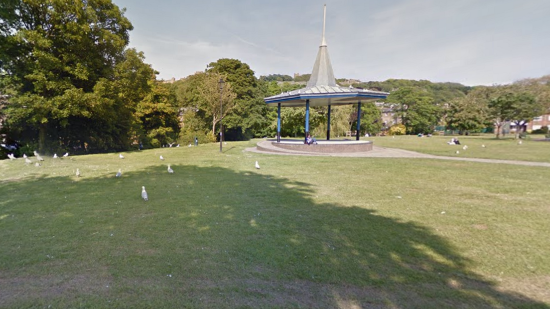 A public park with lots of seagulls. There is also a pavilion.
