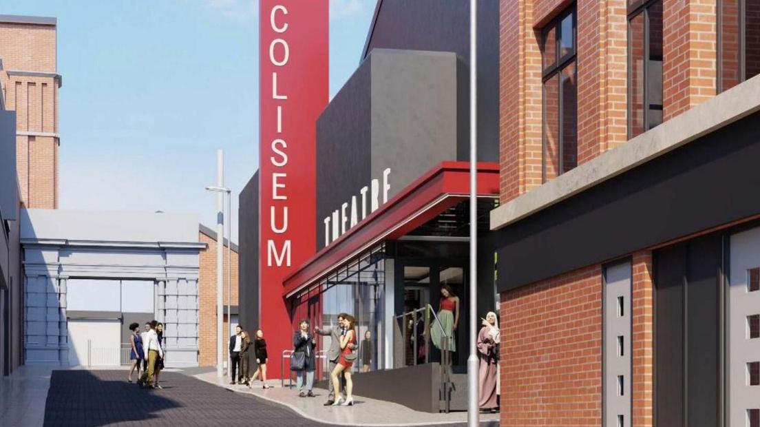 A digitally created image of a theatre on the right of a street. It has a red sign and people milling around by the entrance.