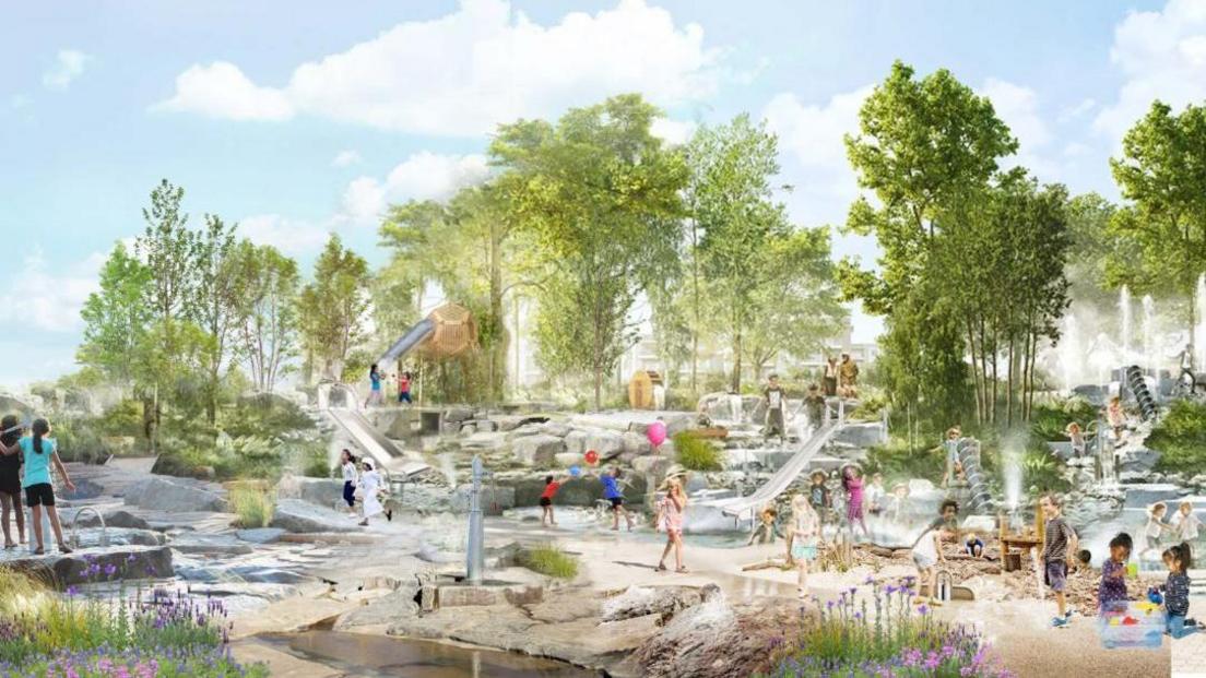 A depiction of the Pier Gardens scheme with several children playing on water slides dotted around the trees and rockery