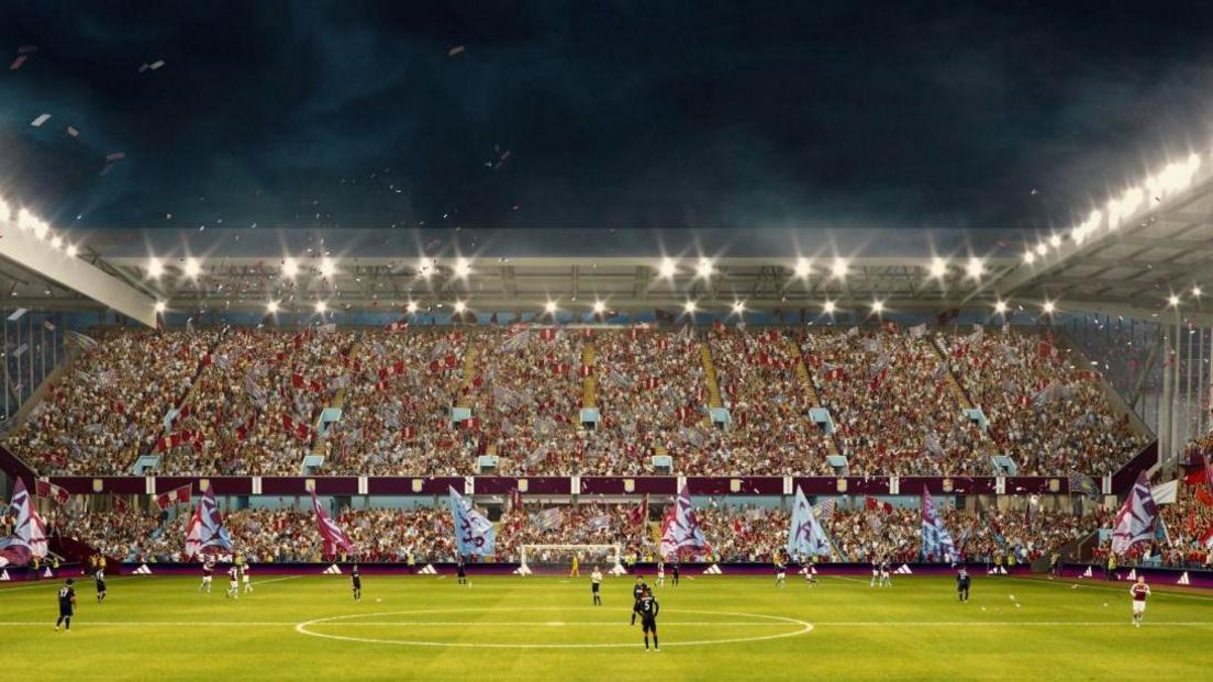 A visualisation of the redevelopment of the North Stand in Villa Park, Birmingham, showing the inside of the stadium with players on the pitch and fans in purple and blue sitting in the stands. It is night and the floodlights are on.