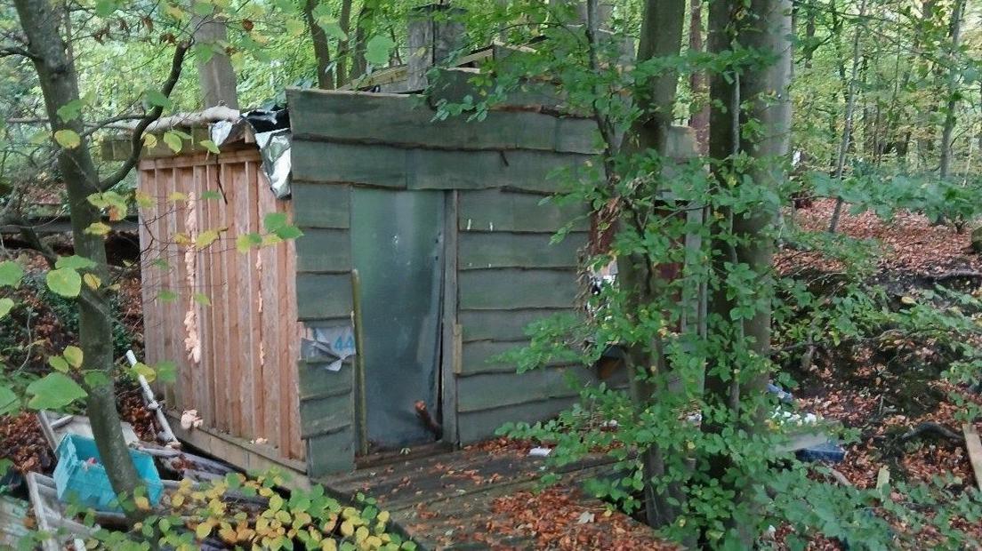 A small wooden structure made of wooden planks with a green painted front sits in the middle of a woodland surrounded by other building materials and greenery