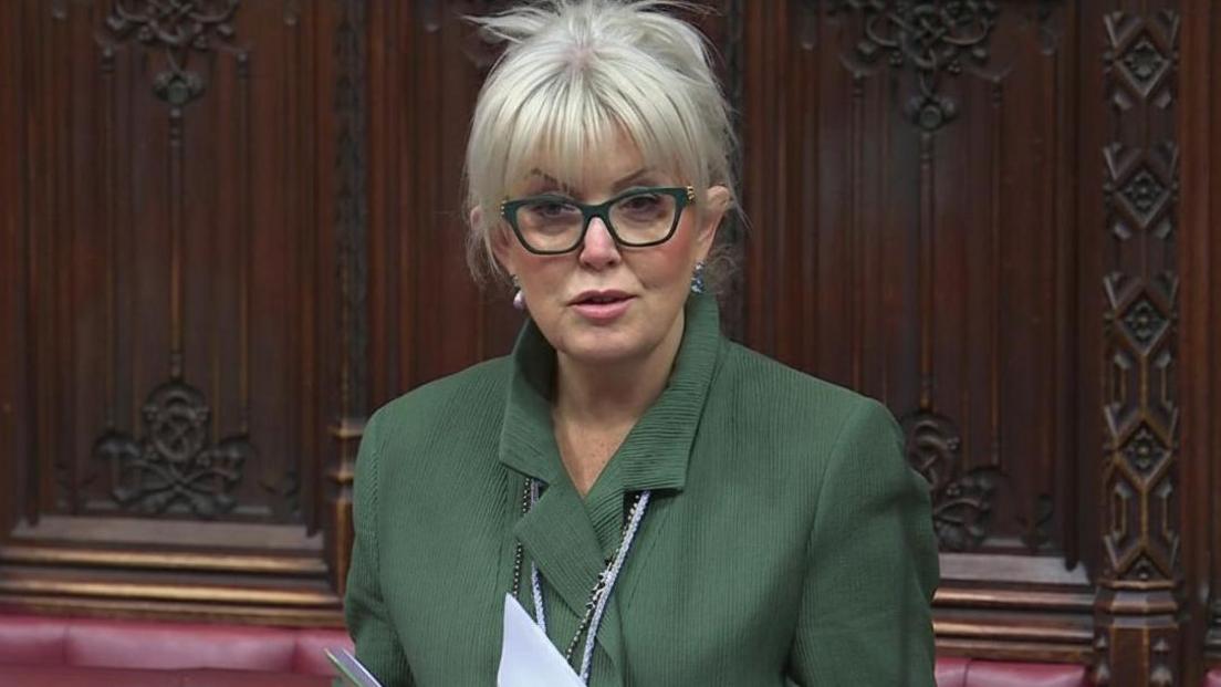 A womanin a green jackett and green glasses, speaks inthe House of Lords. She has white blonde hair which is tied up in a bun.
