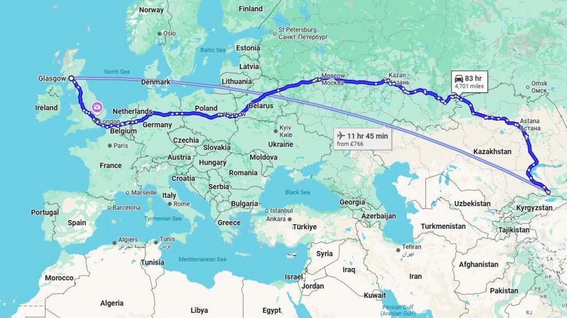 Map from Glasgow to Almaty